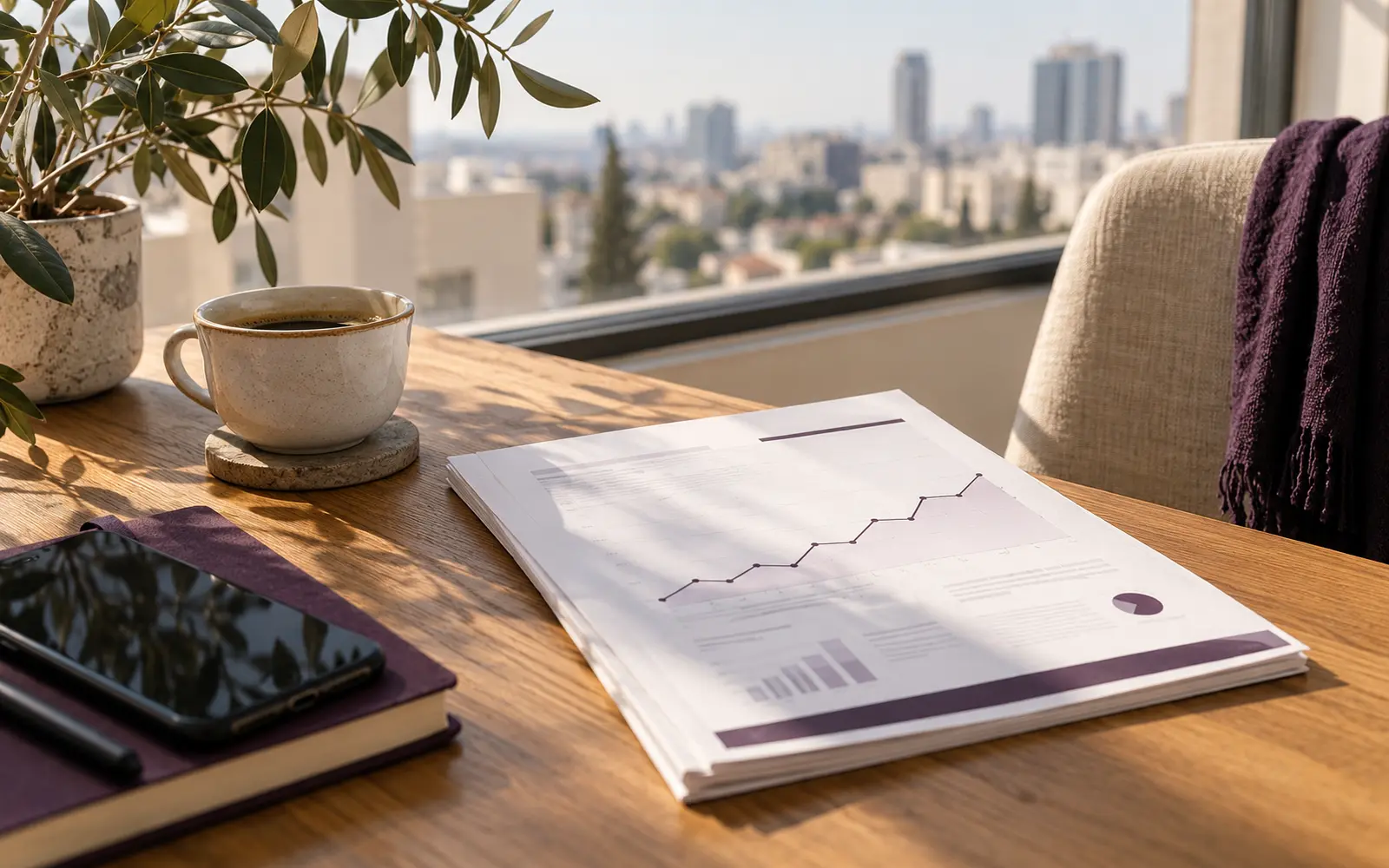 A printed weekly report on a desk with morning coffee