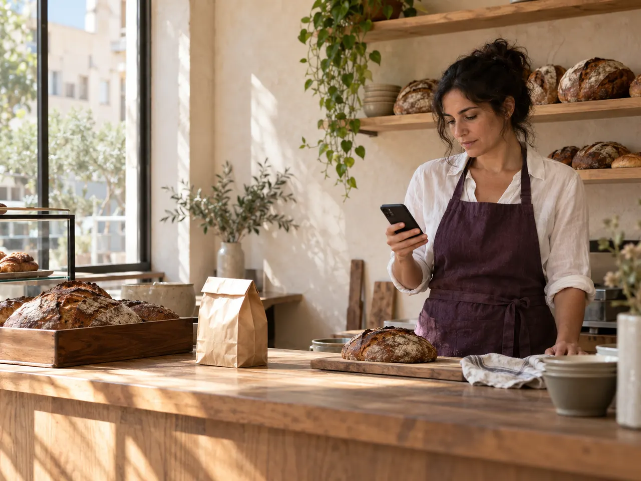 A business owner approves a change on her phone between customers