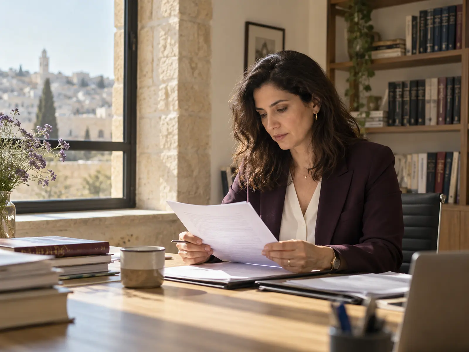 A lawyer reviewing documents in a quiet office