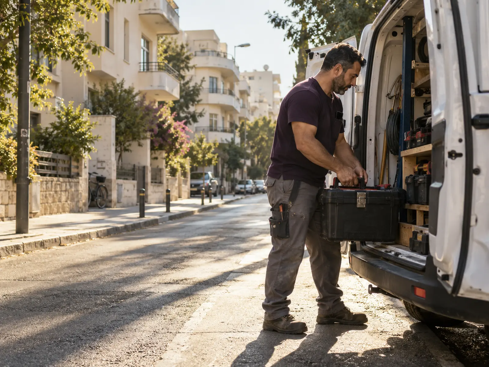 A locksmith's van and workbench at the start of the day