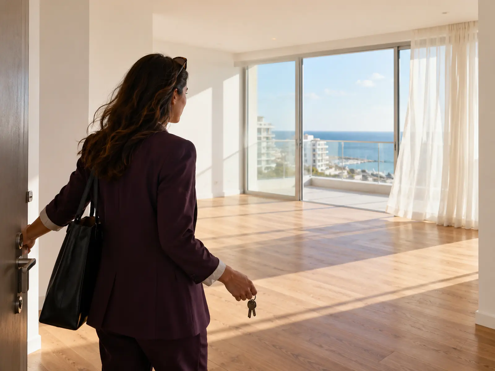 A real estate agent opening a bright apartment for a viewing