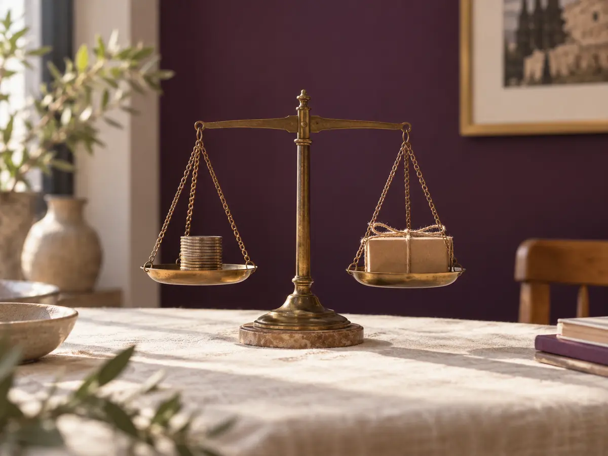 A brass balance scale with coins and a small parcel