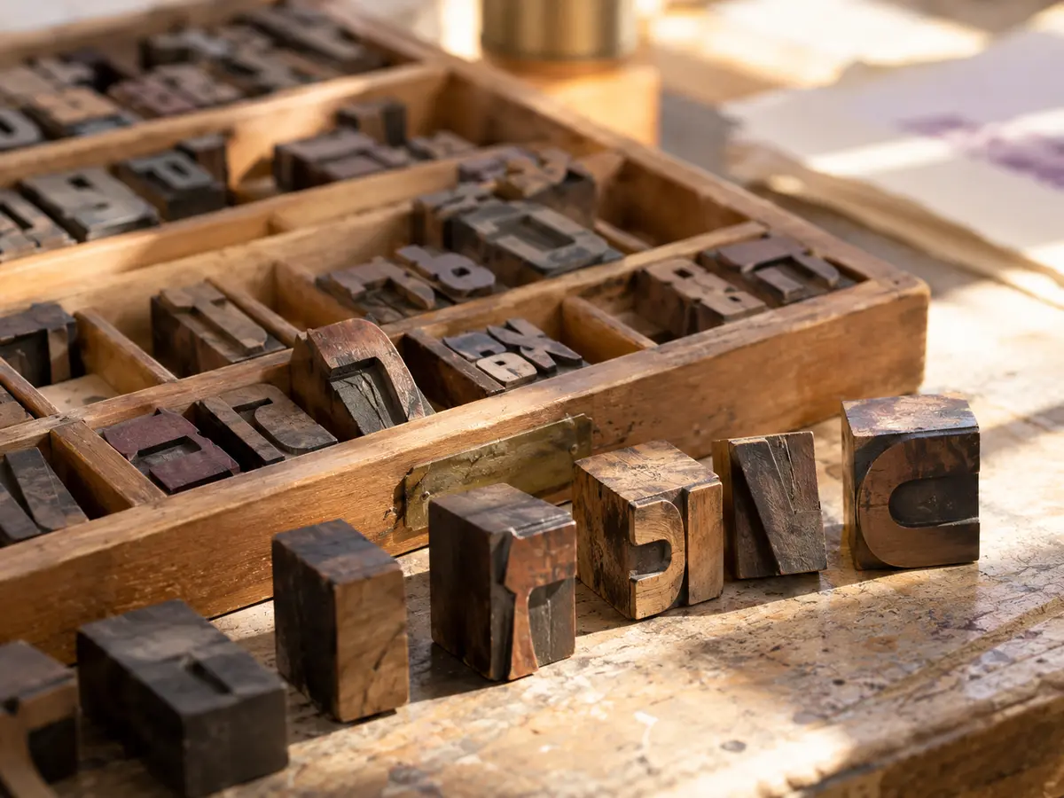 Wooden Hebrew and Latin letterpress type in a tray