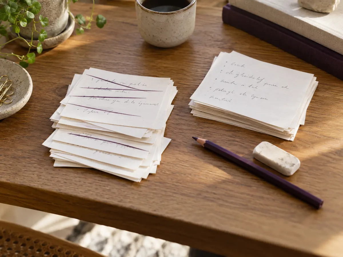 Index cards sorted into two piles, some crossed out