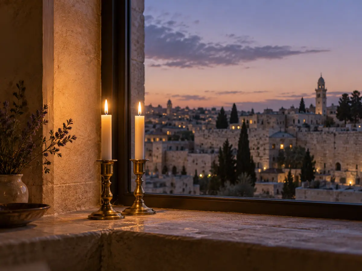 Two Shabbat candles by a window at dusk over a city