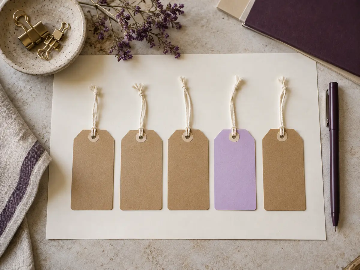 Blank luggage tags on strings, neatly arranged