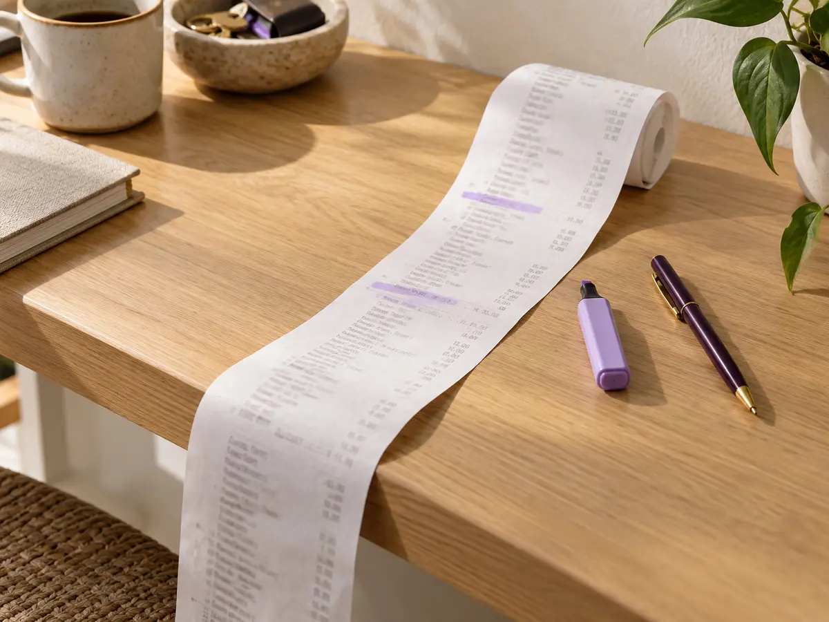 A long receipt curling off the edge of a desk